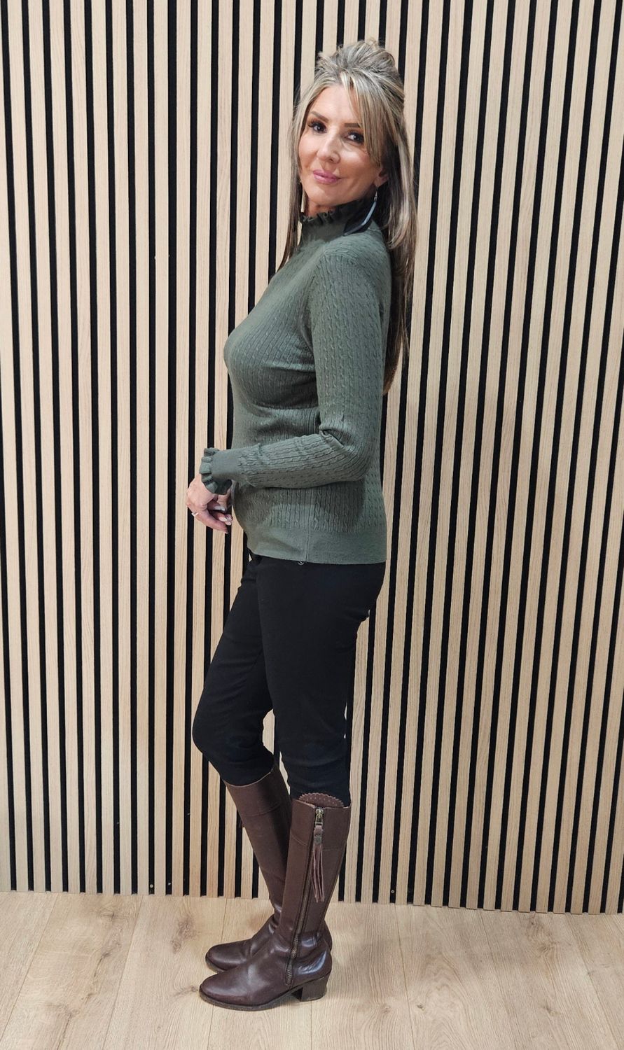 Frill Neck Ribbed Jumper - Khaki