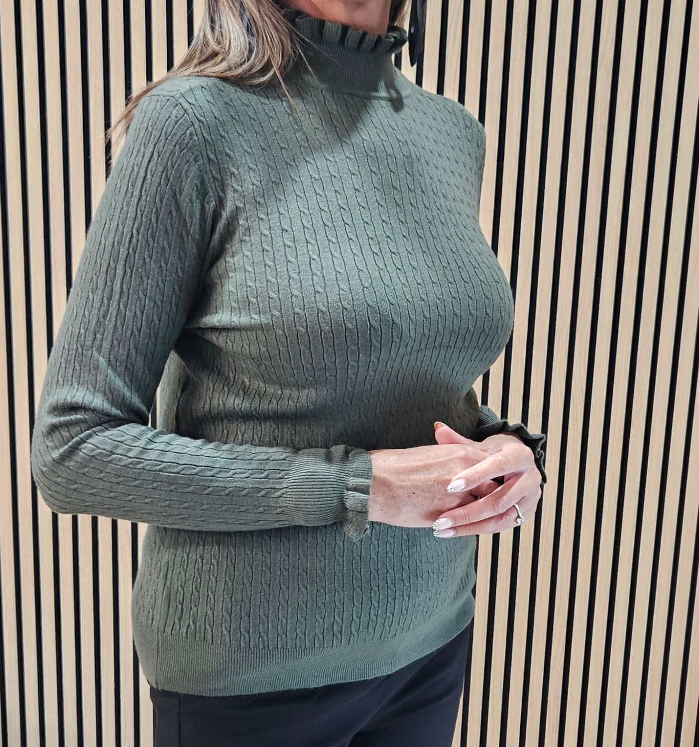 Frill Neck Ribbed Jumper - Khaki