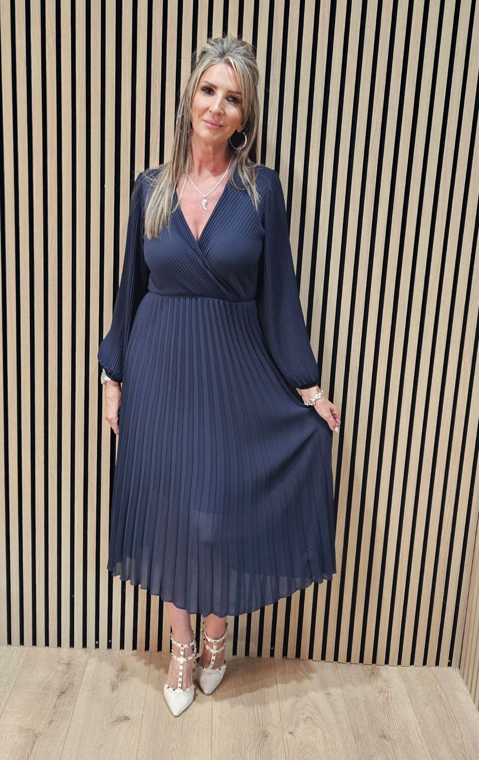Pleated Wrap Midi Dress - Navy
