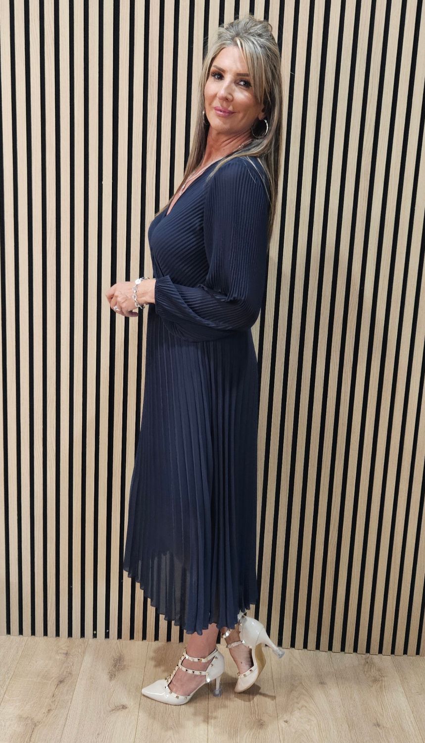 Pleated Wrap Midi Dress - Navy