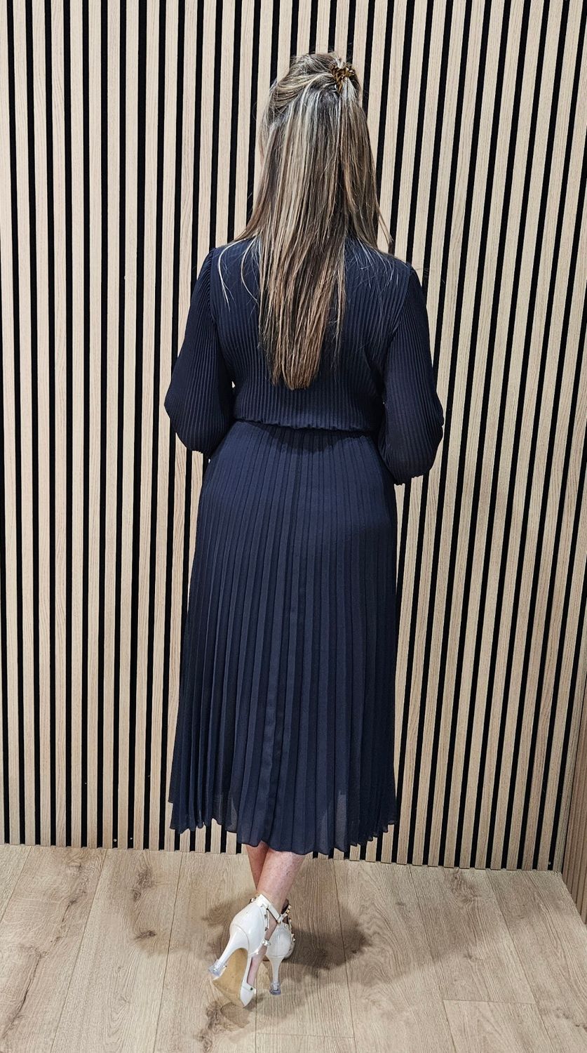 Pleated Wrap Midi Dress - Navy