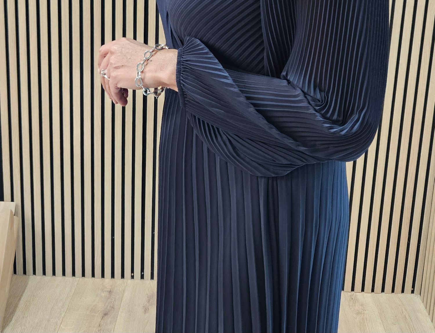 Pleated Wrap Midi Dress - Navy