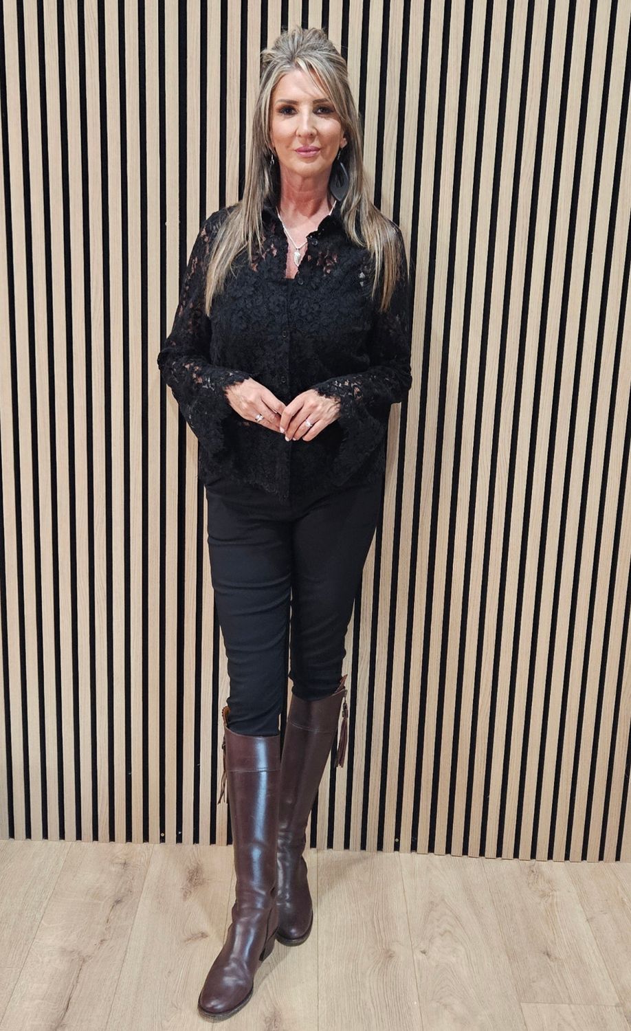 Lace Detail Button Shirt - Black