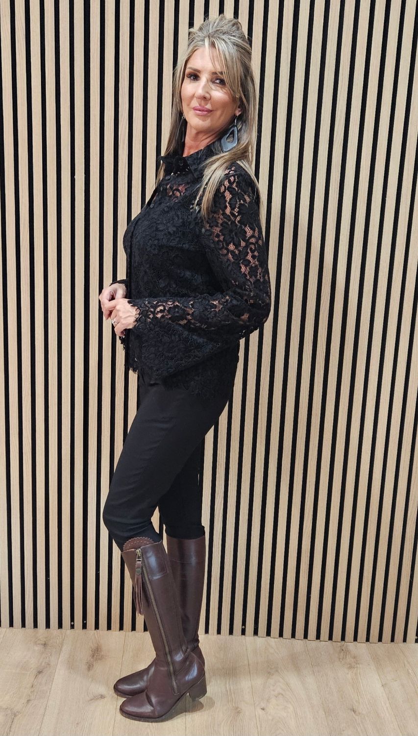 Lace Detail Button Shirt - Black