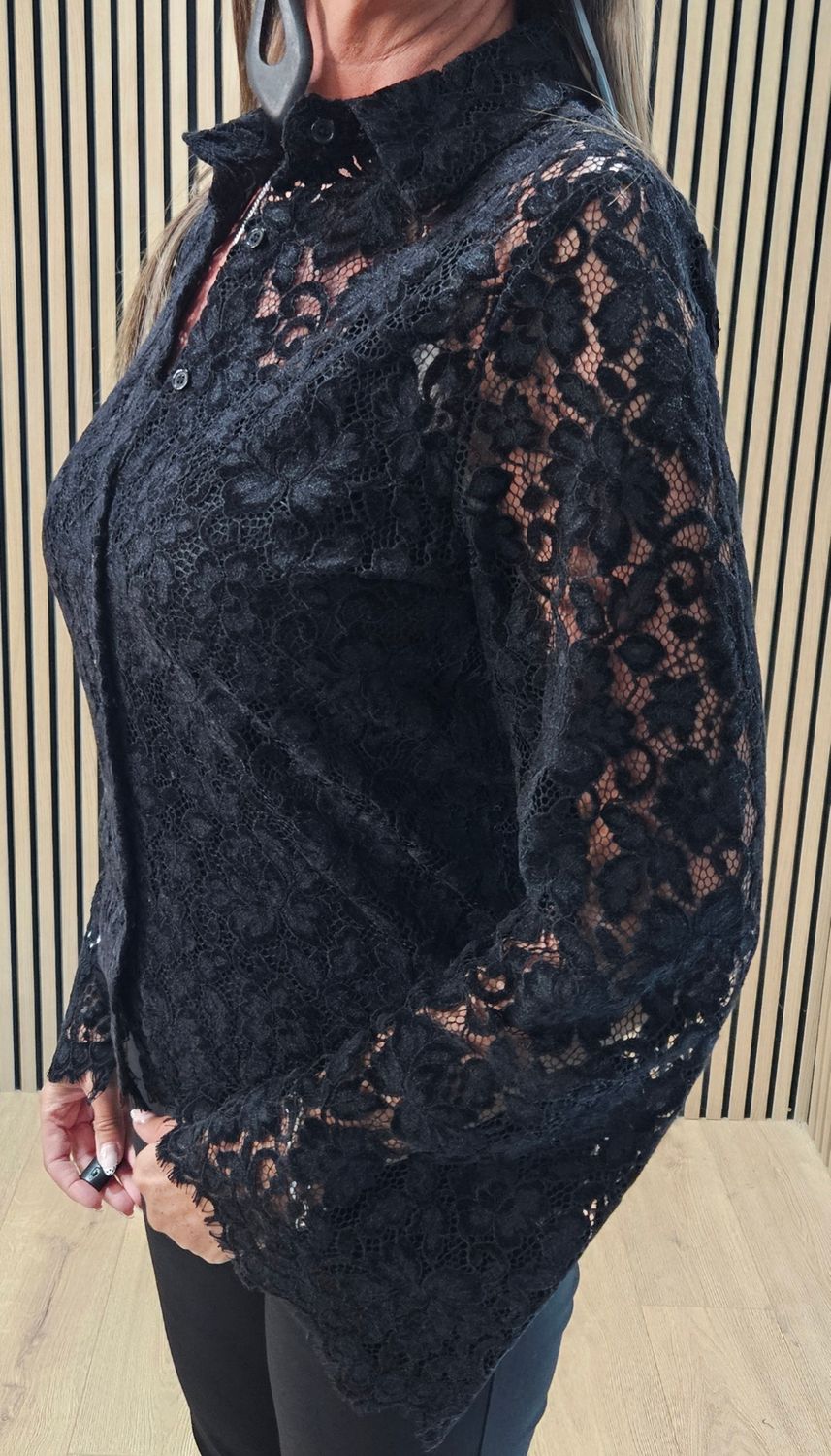 Lace Detail Button Shirt - Black