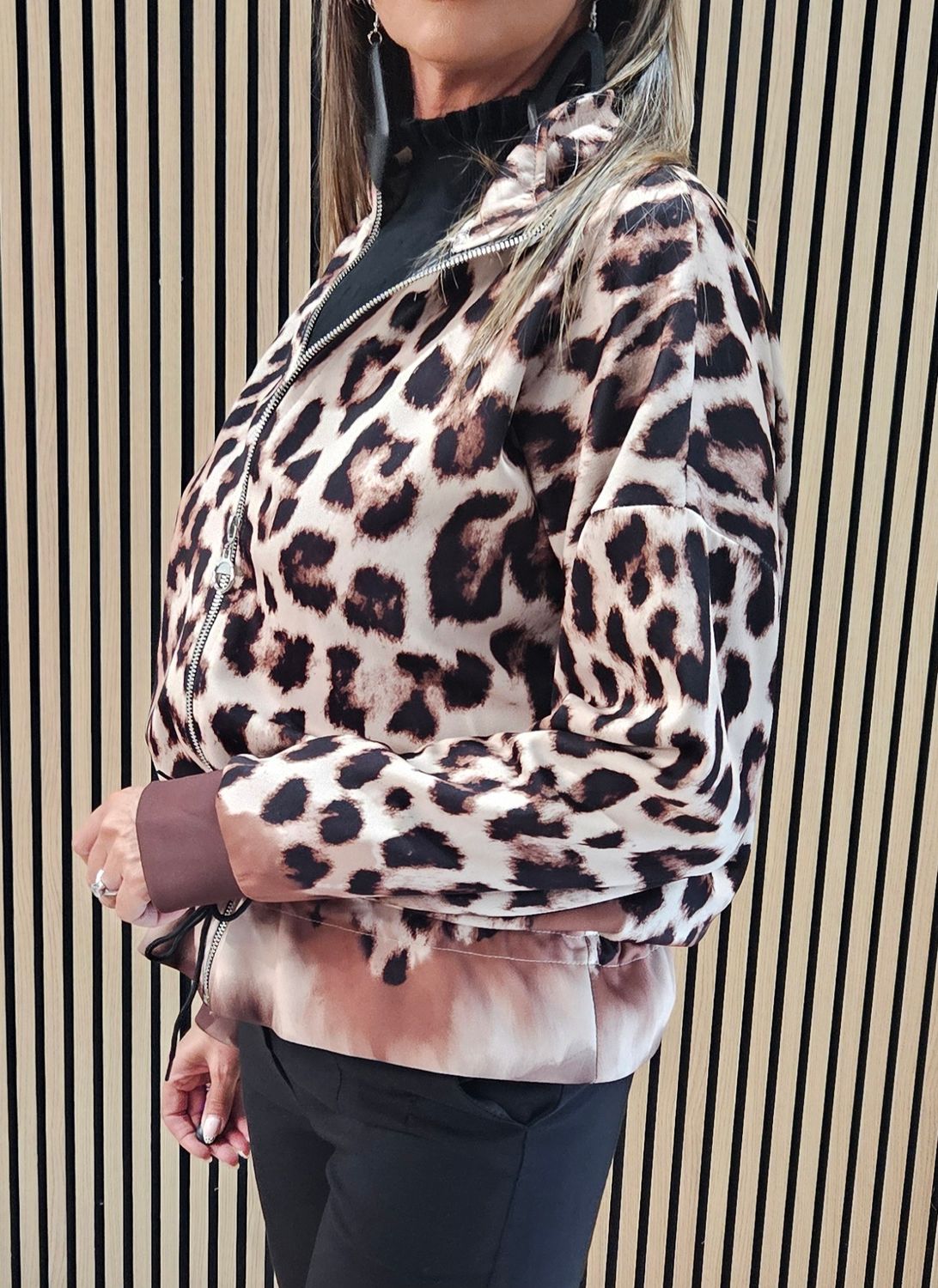 Leopard Print Zip Up Jacket - Black/Beige
