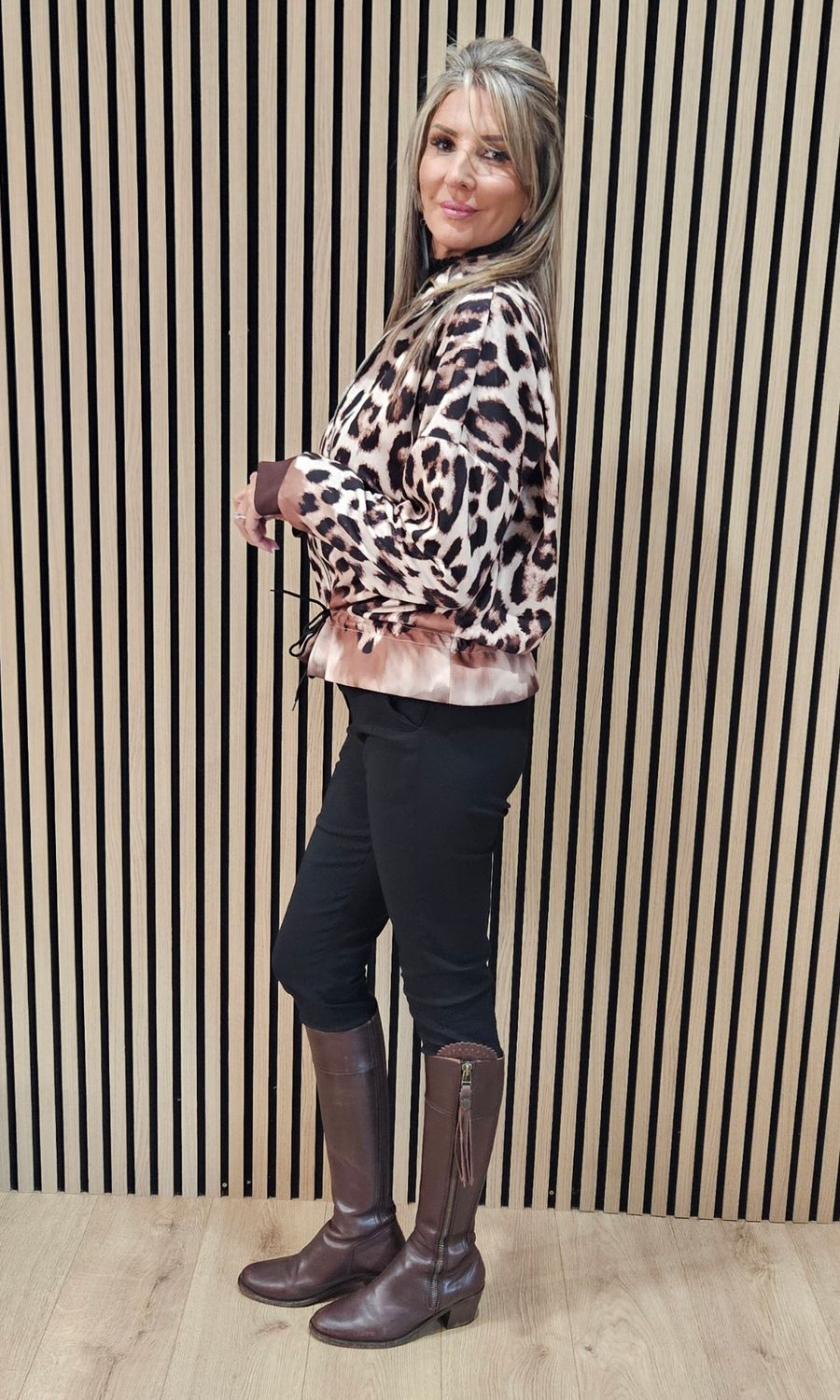 Leopard Print Zip Up Jacket - Black/Beige