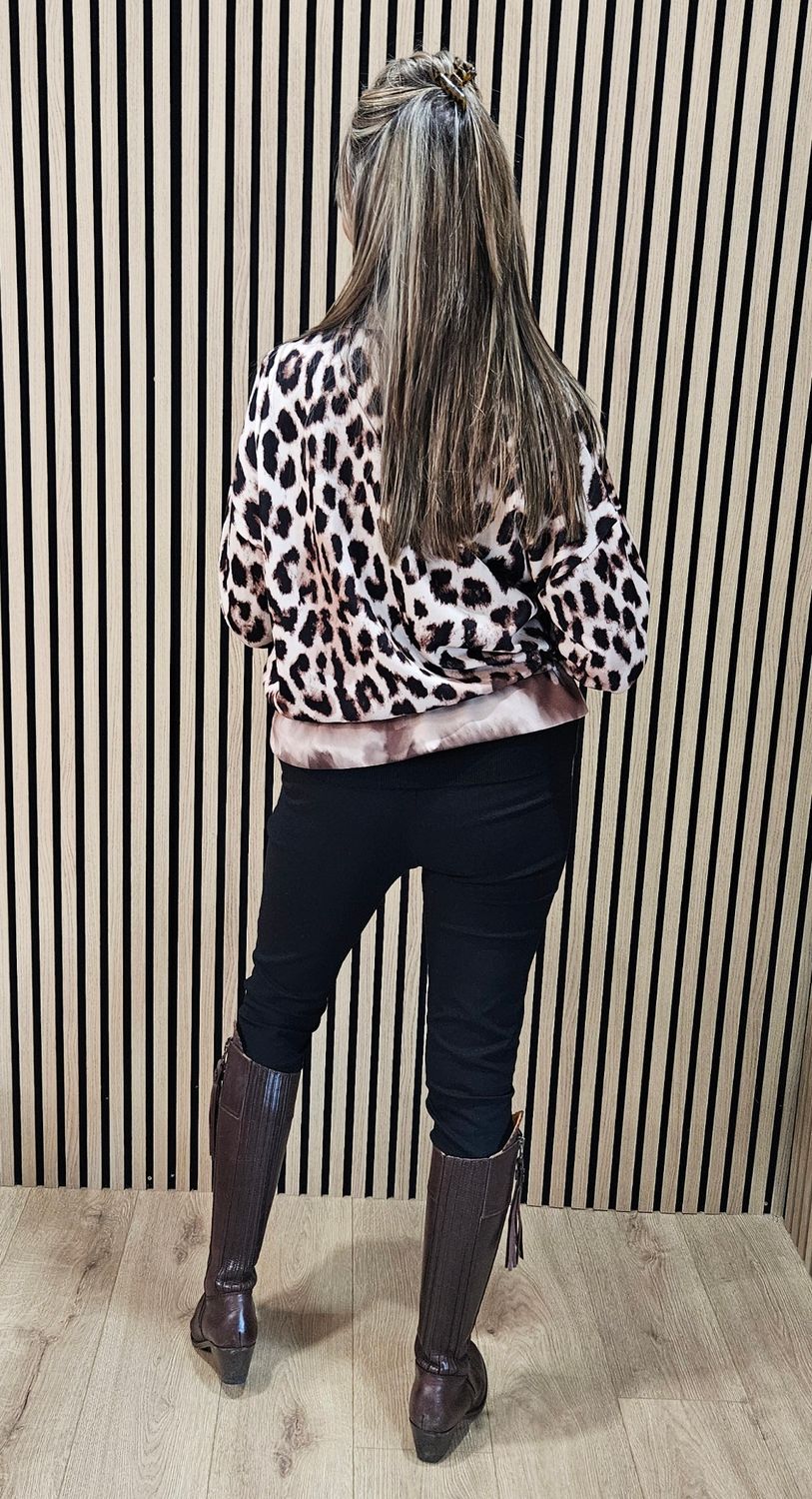 Leopard Print Zip Up Jacket - Black/Beige