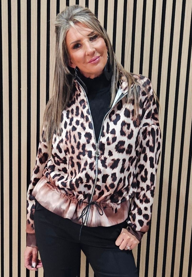 Leopard Print Zip Up Jacket - Black/Beige