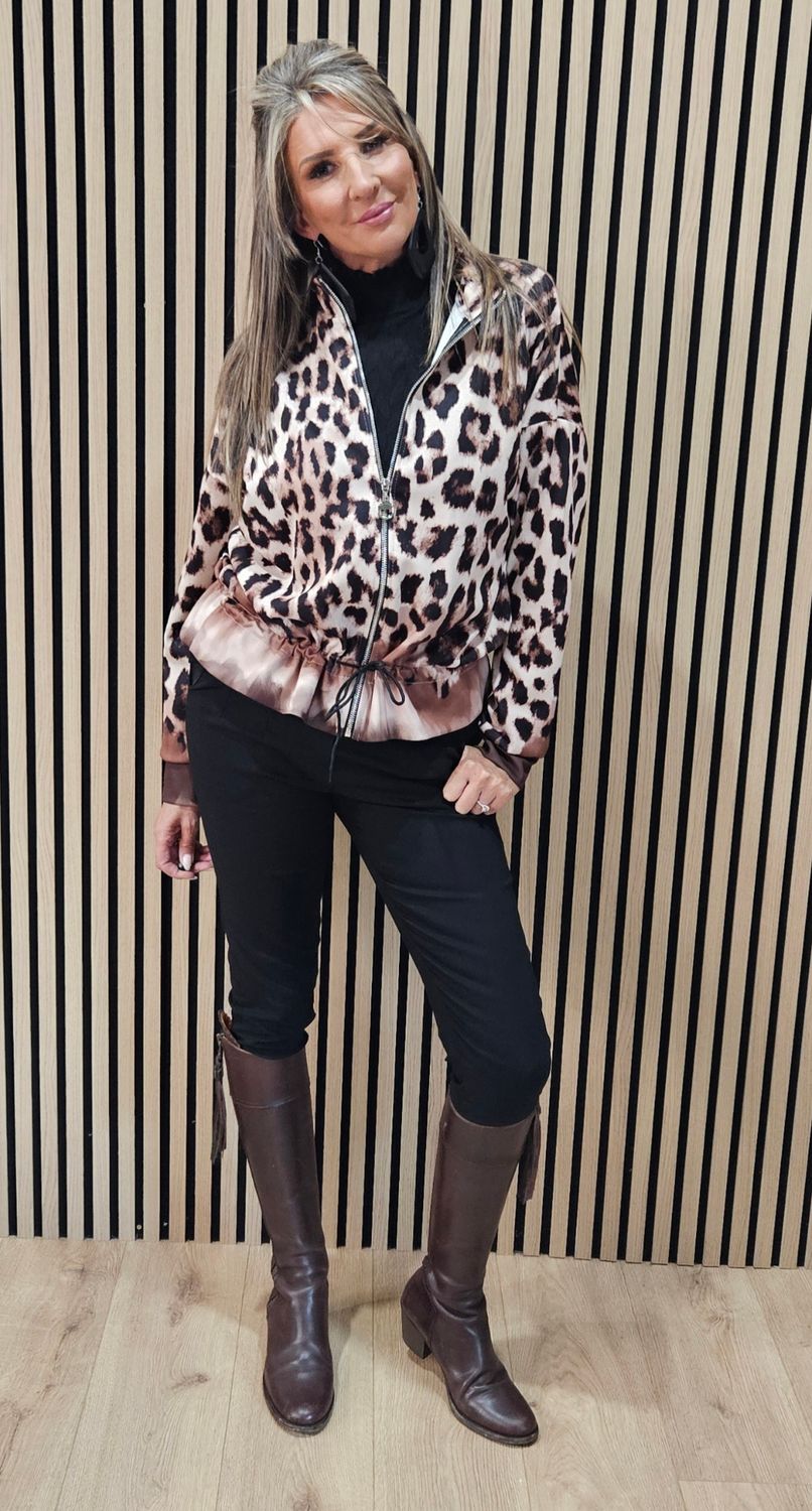 Leopard Print Zip Up Jacket - Black/Beige