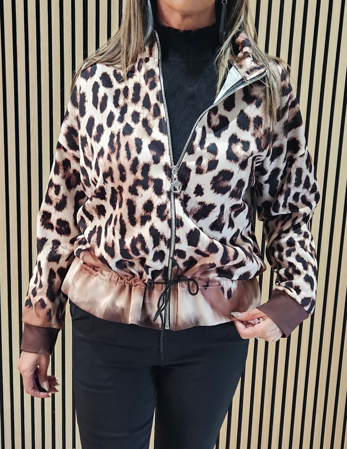 Leopard Print Zip Up Jacket - Black/Beige