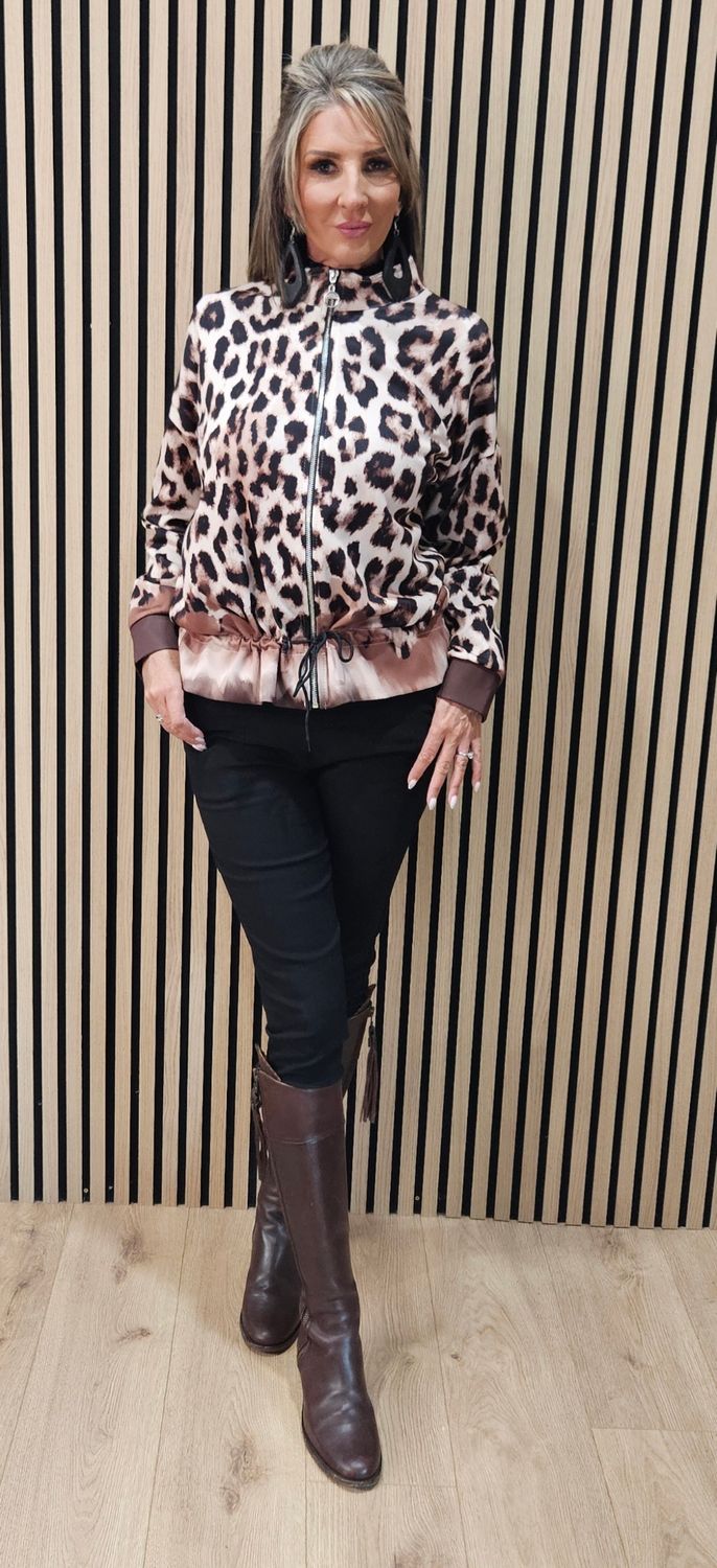 Leopard Print Zip Up Jacket - Black/Beige