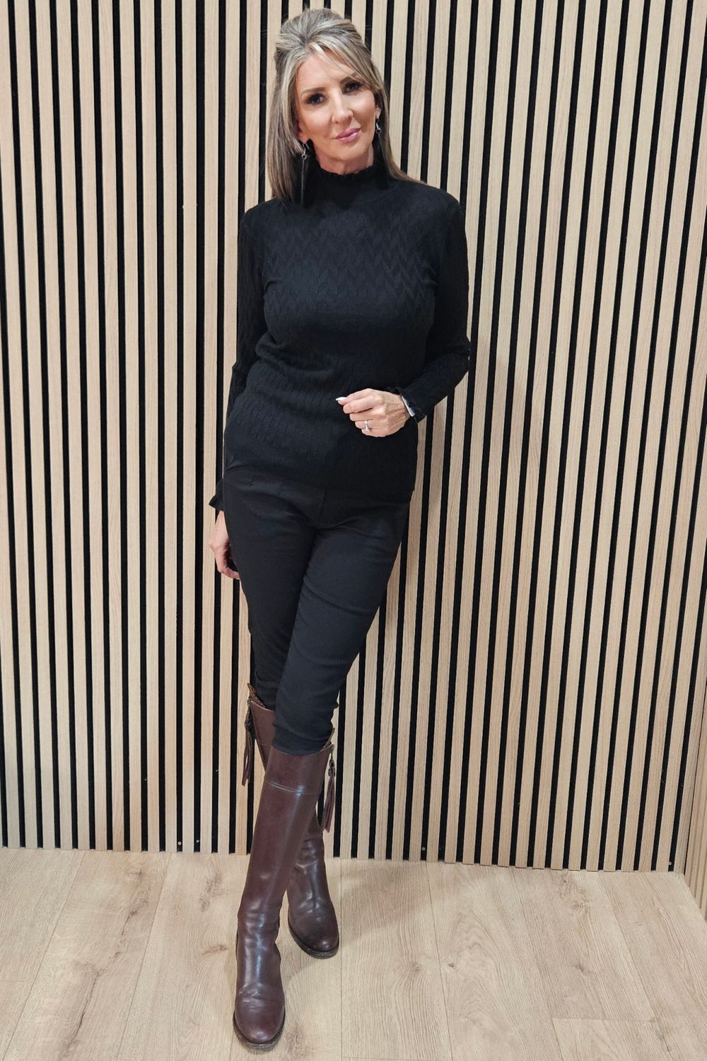 Frill Neck Ribbed Jumper - Black