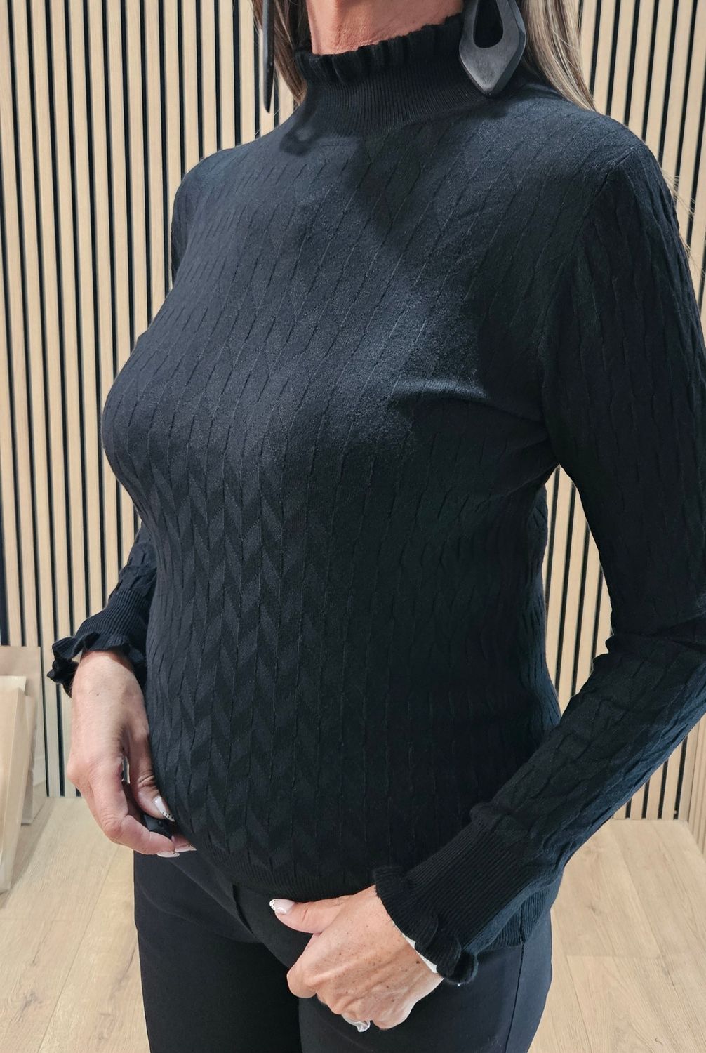 Frill Neck Ribbed Jumper - Black