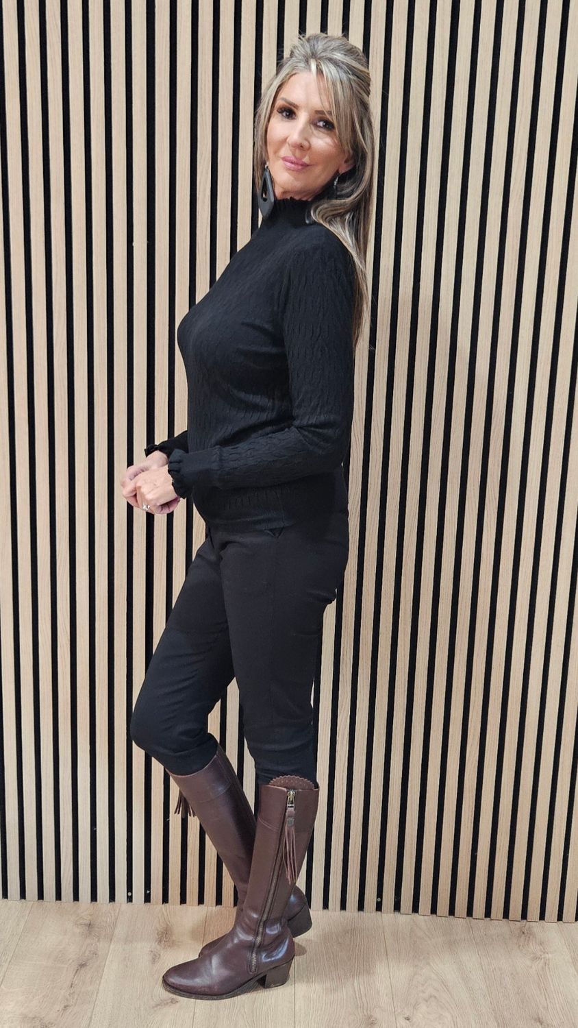 Frill Neck Ribbed Jumper - Black