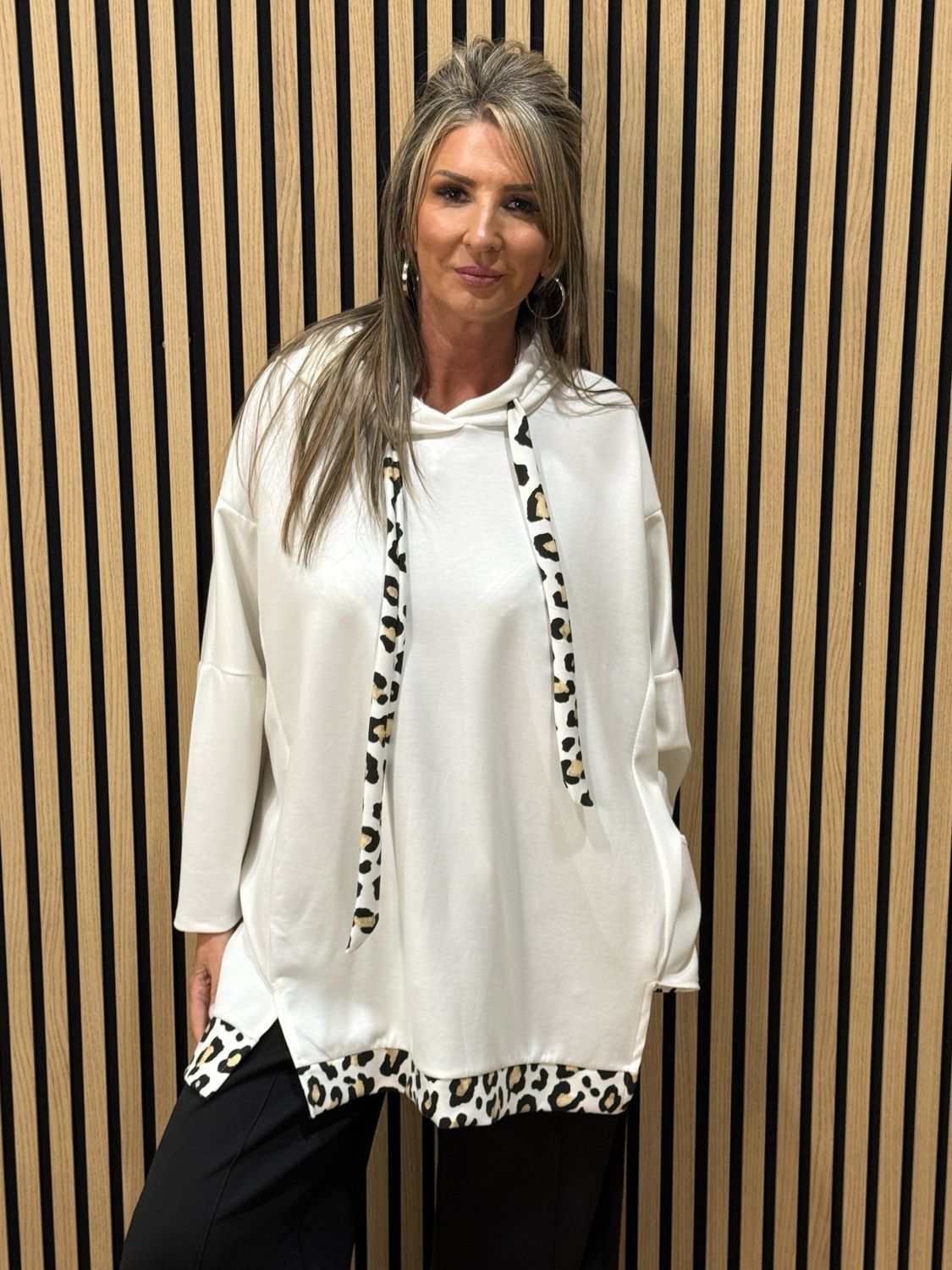 Oversized Leopard Trim Hoodie - White