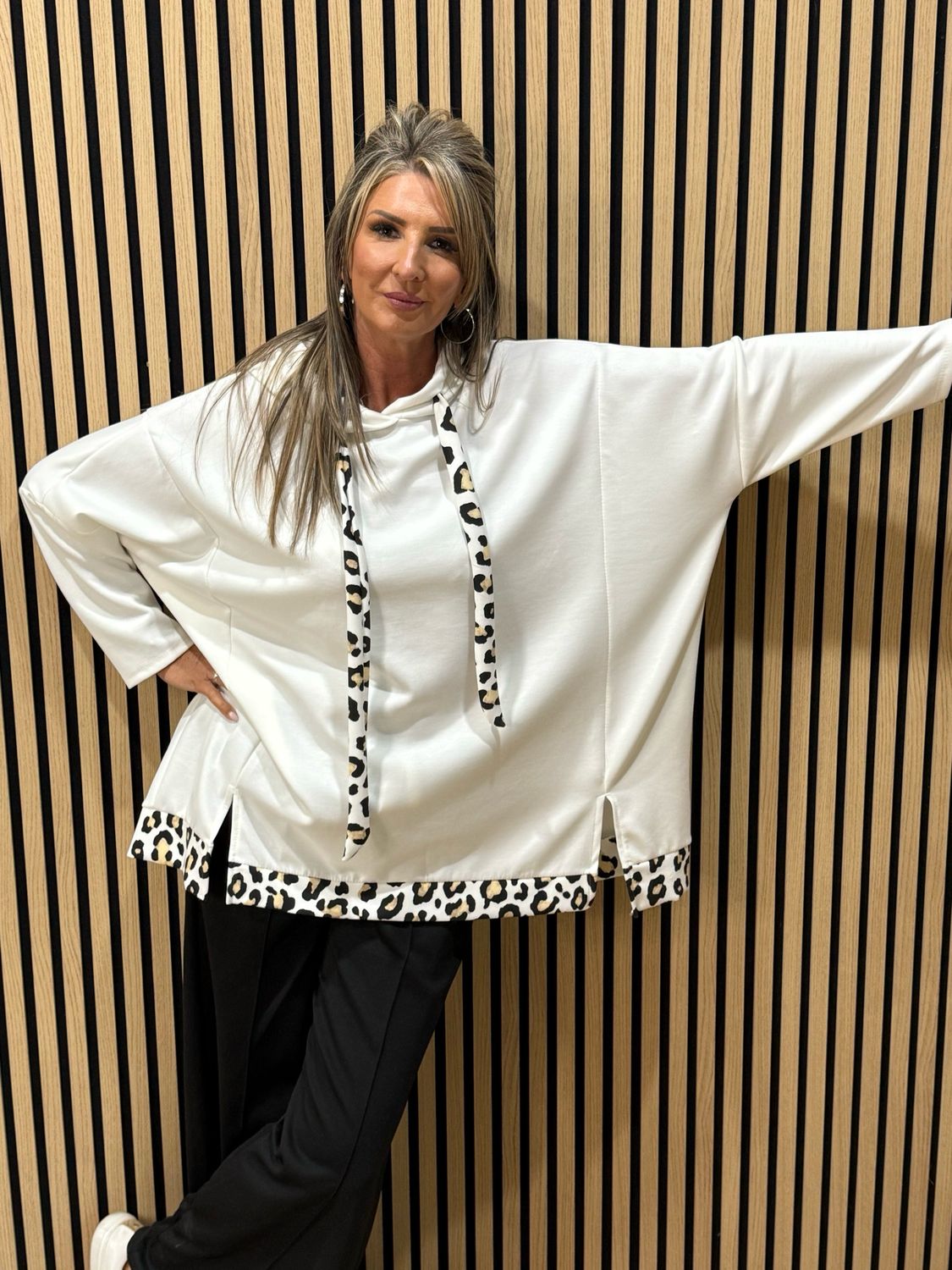 Oversized Leopard Trim Hoodie - White