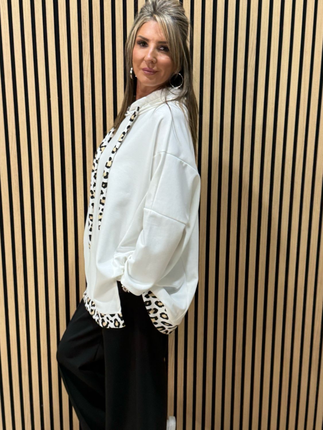 Oversized Leopard Trim Hoodie - White