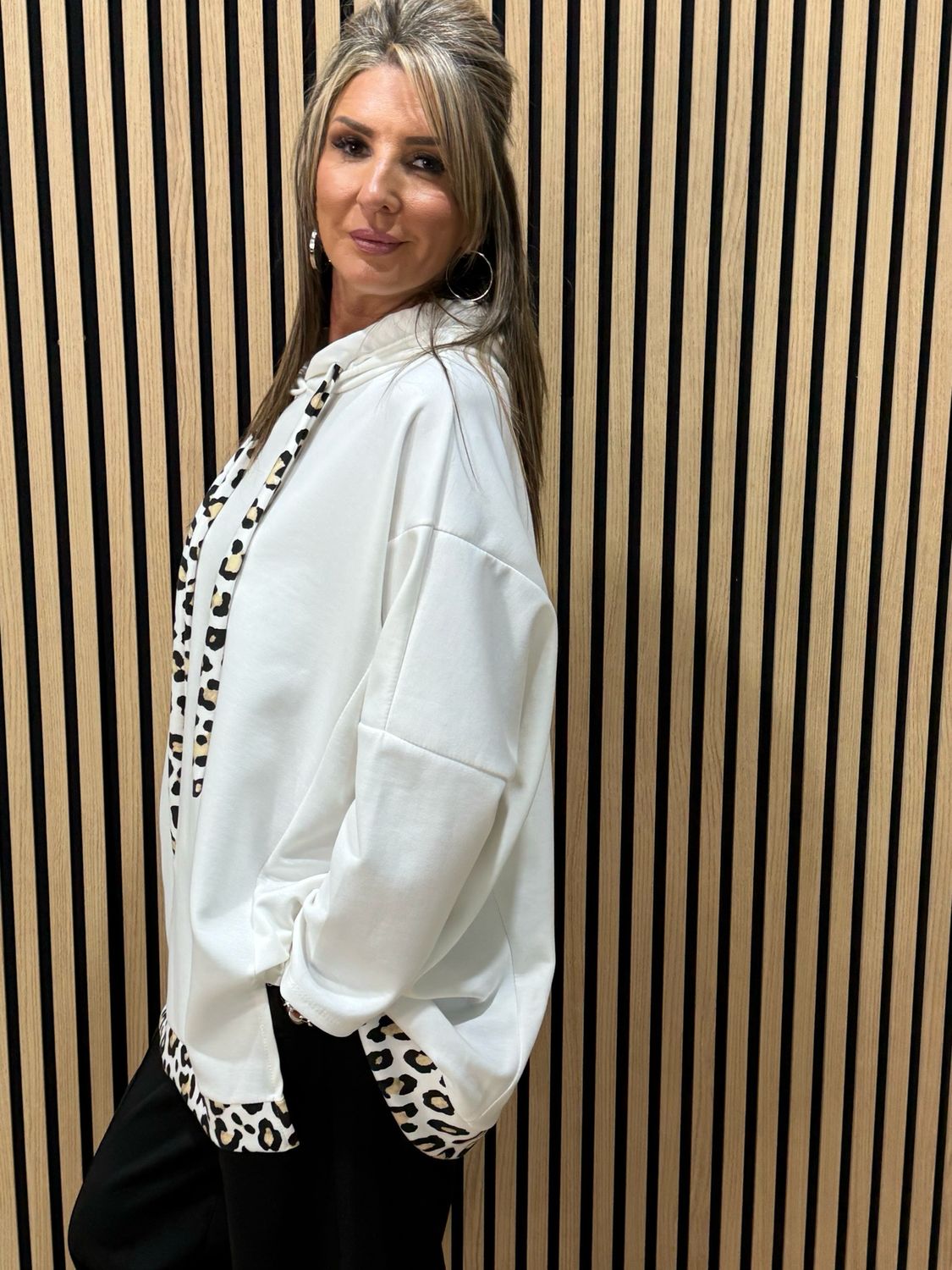 Oversized Leopard Trim Hoodie - White