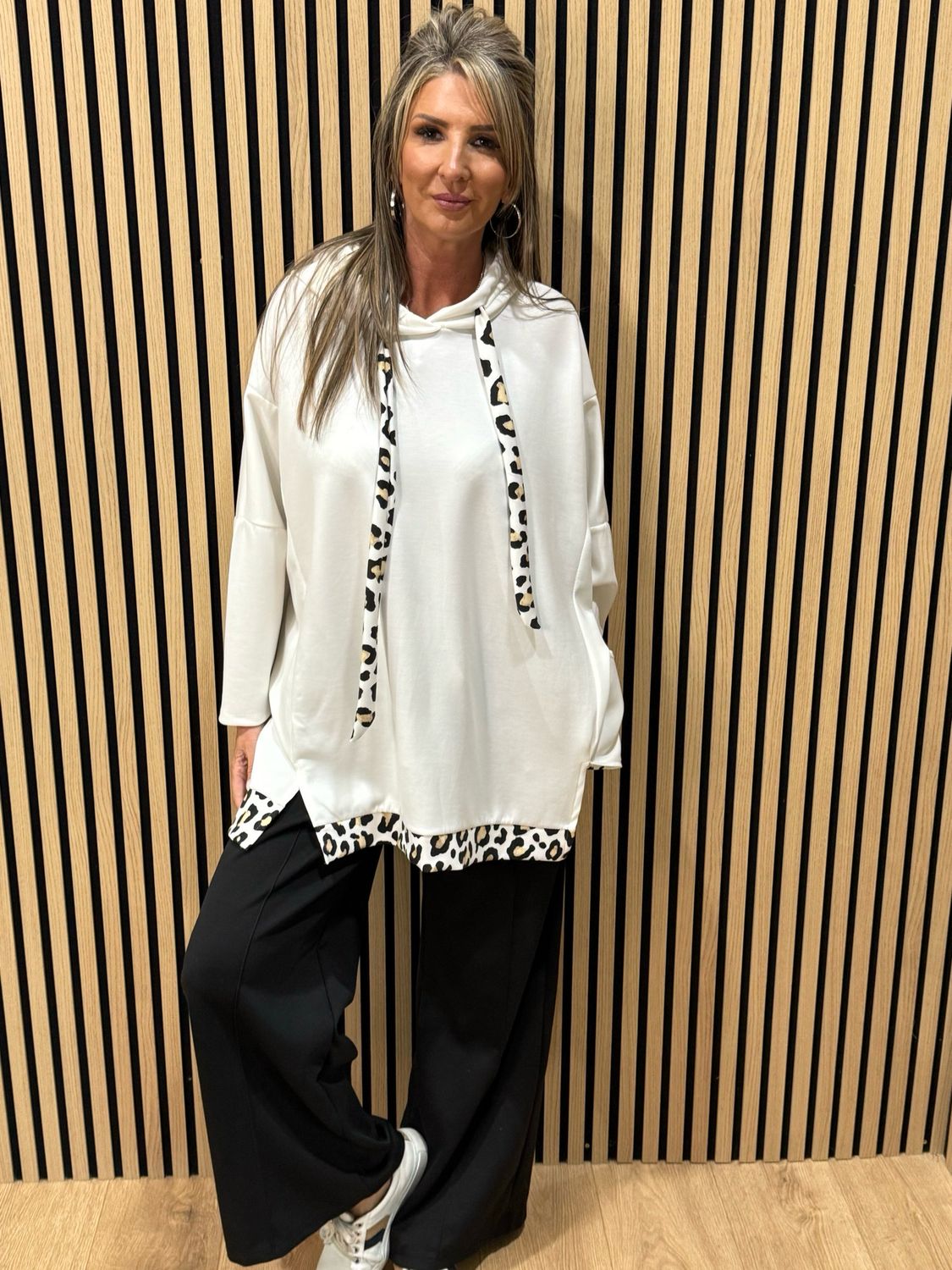 Oversized Leopard Trim Hoodie - White