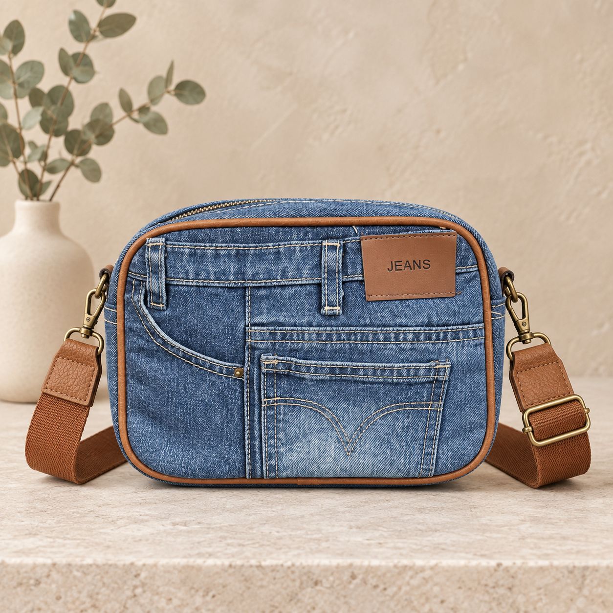 Rounded Denim Jeans Crossbody Bag