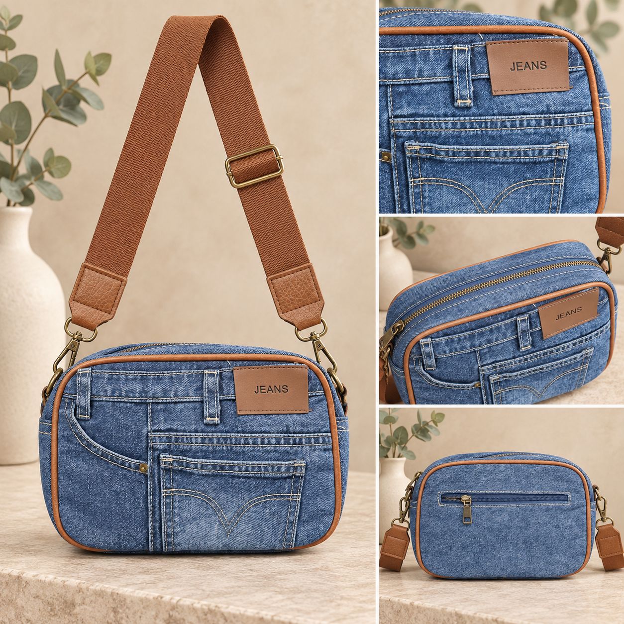 Rounded Denim Jeans Crossbody Bag