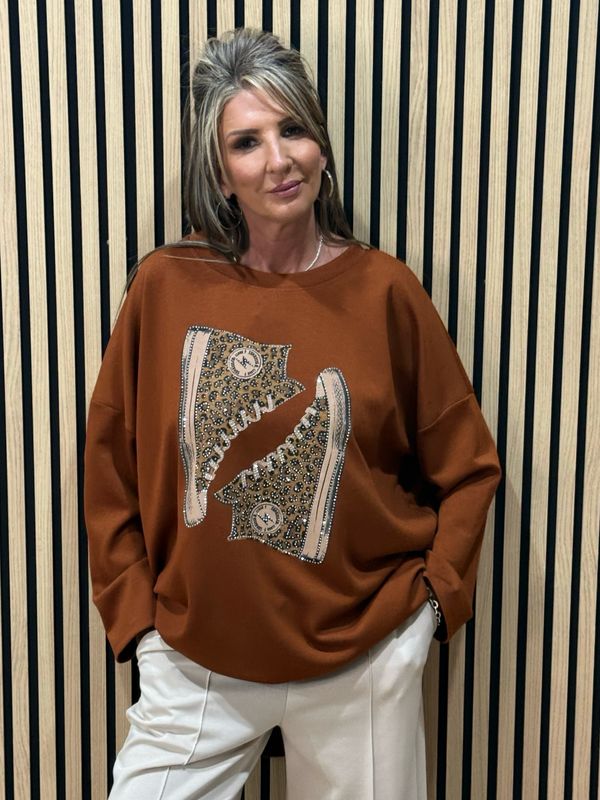 Leopard Trained Embellished Jumper - Rust