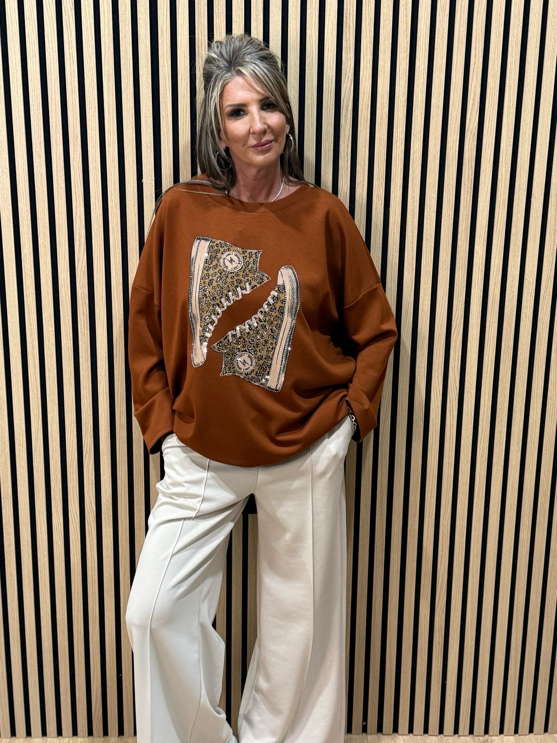 Leopard Trained Embellished Jumper - Rust