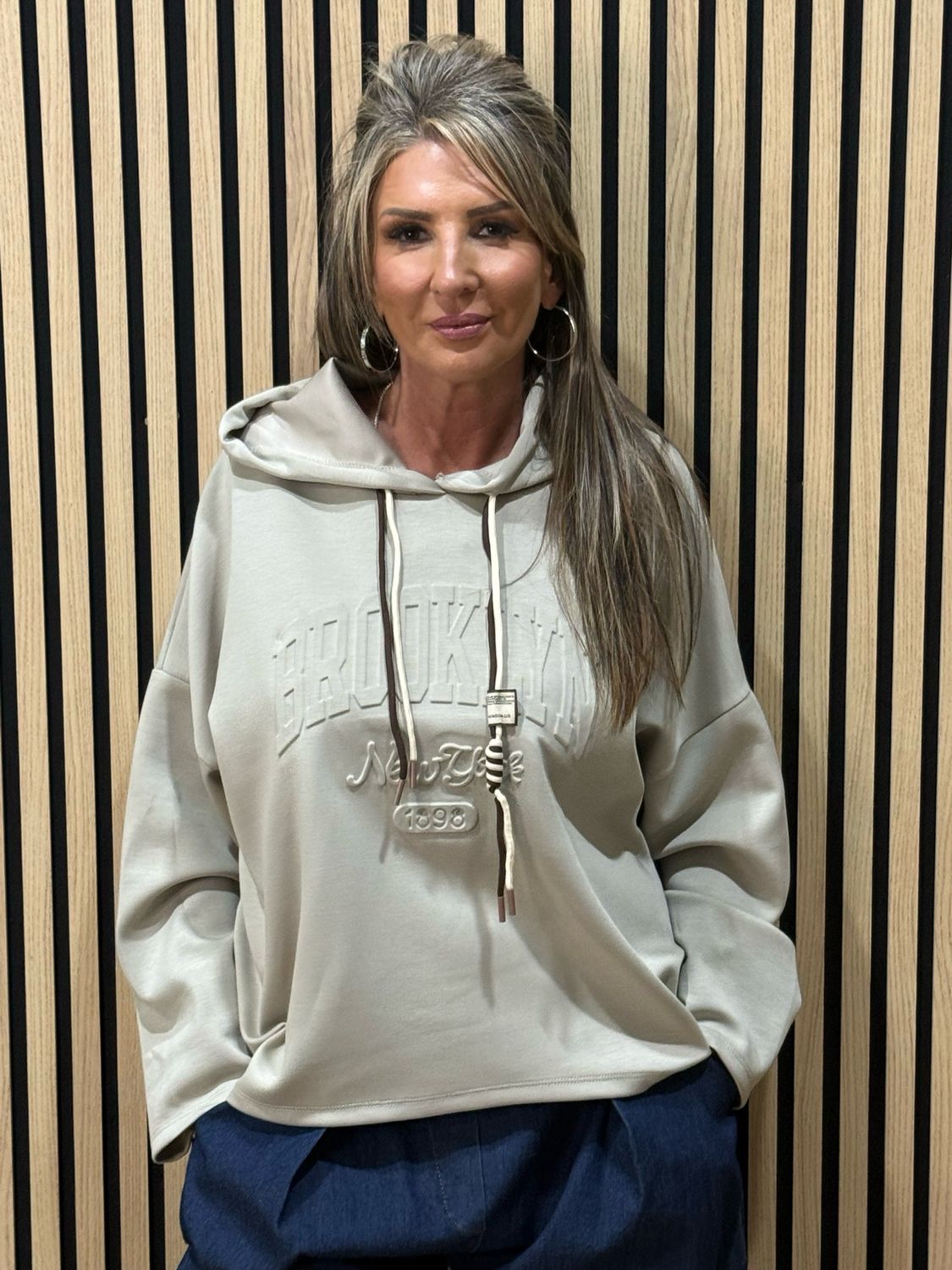 Embossed Detail Oversized Hoodie - Stone
