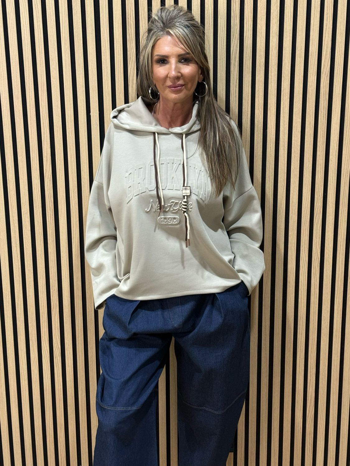 Embossed Detail Oversized Hoodie - Stone