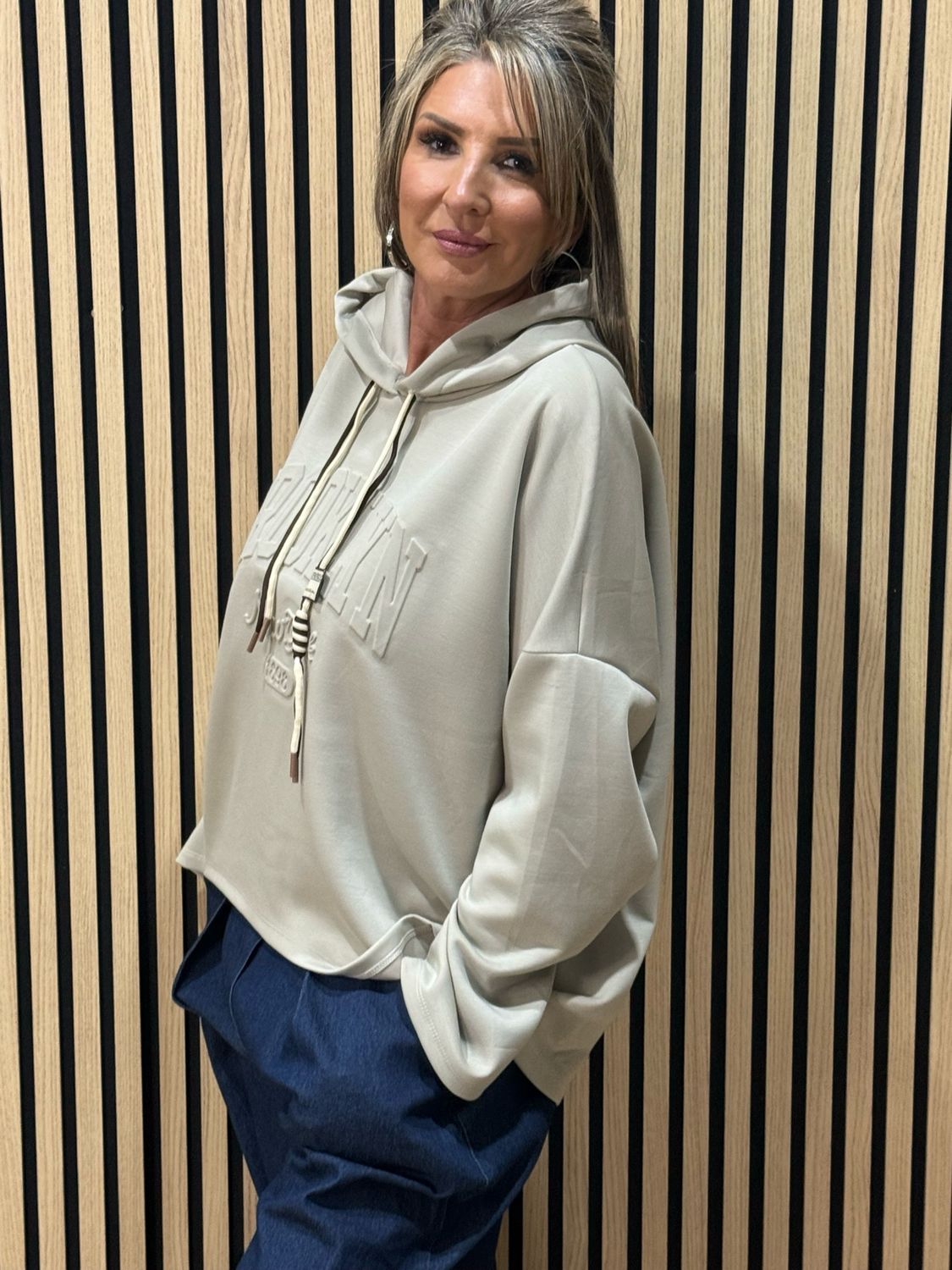 Embossed Detail Oversized Hoodie - Stone