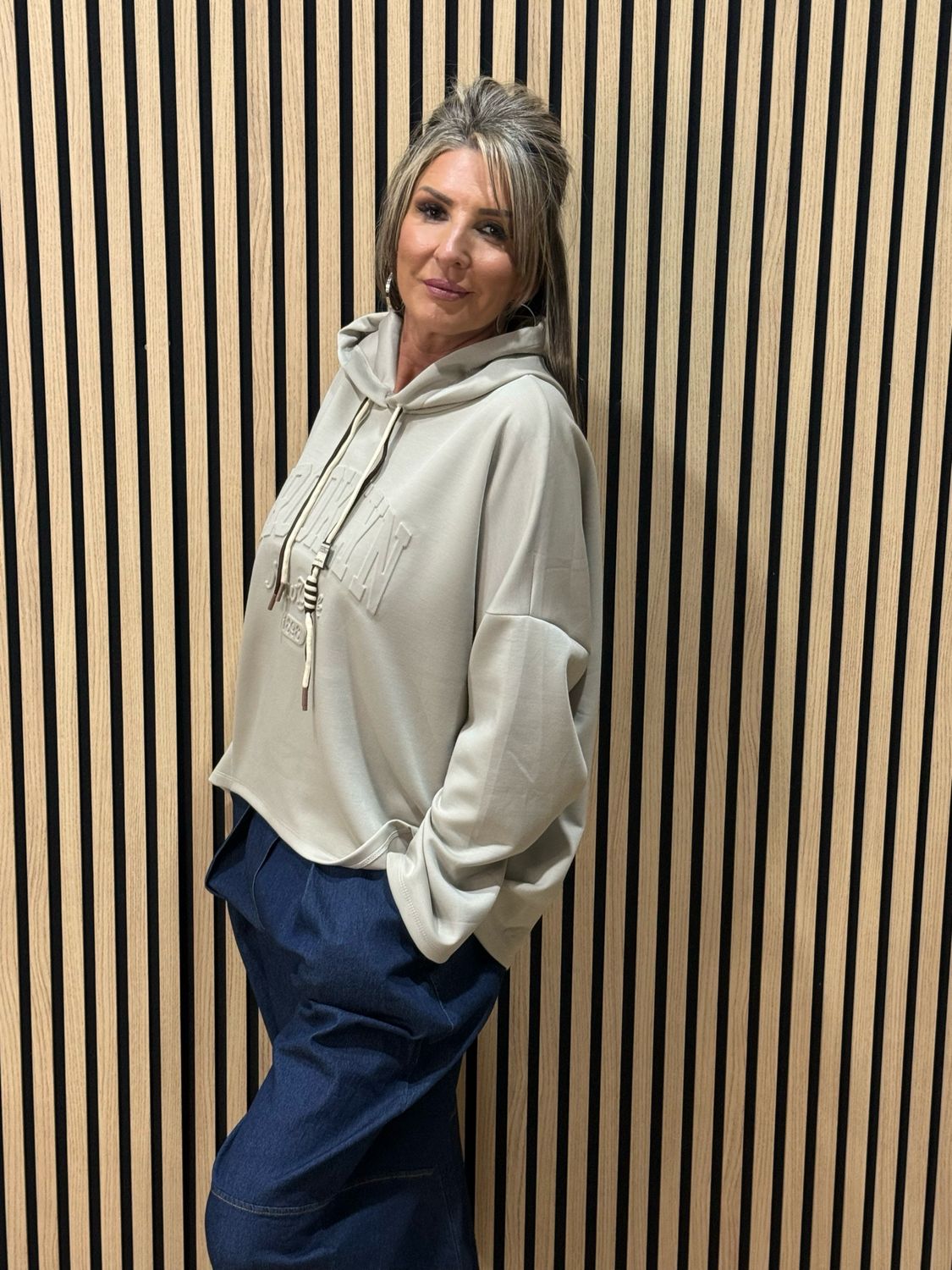 Embossed Detail Oversized Hoodie - Stone