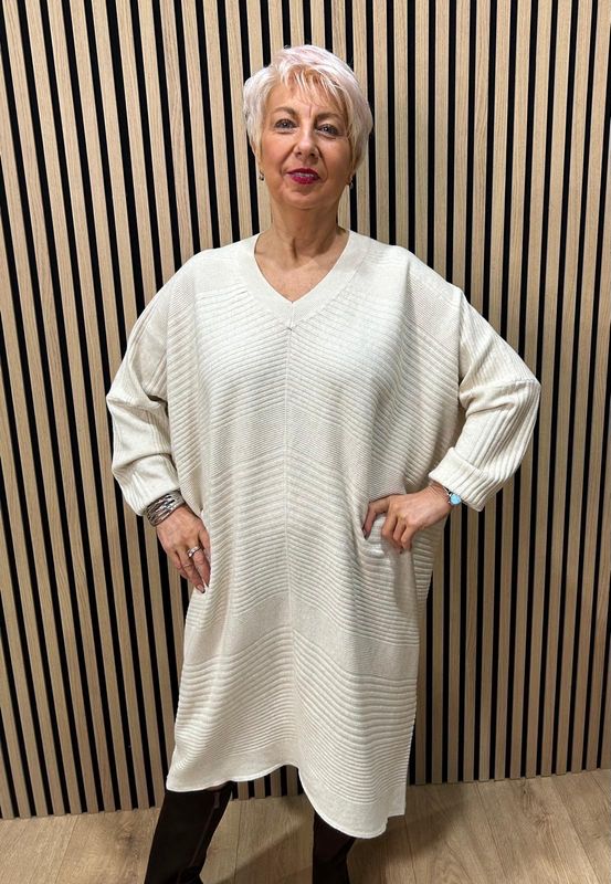 Oversized Ribbed Knit V-Neck Dress - Cream