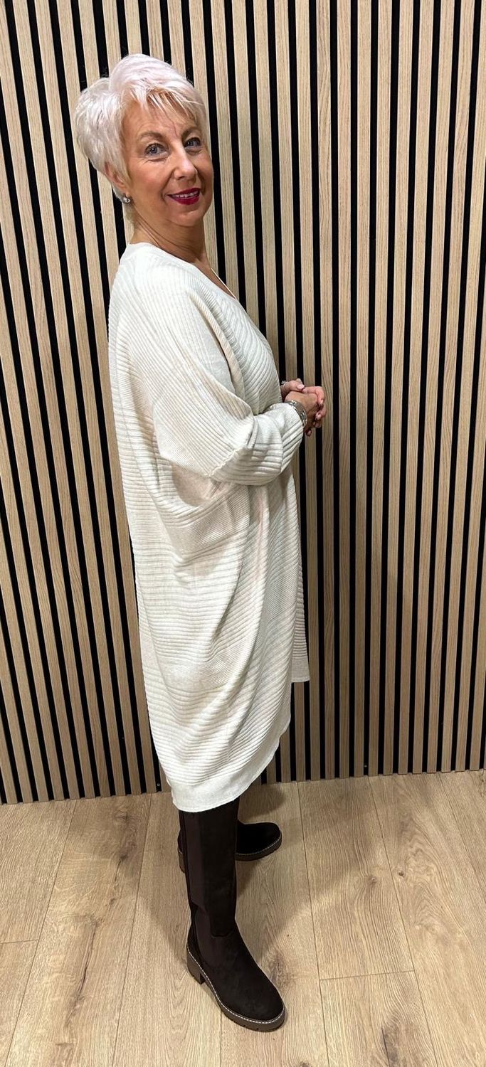 Oversized Ribbed Knit V-Neck Dress - Cream