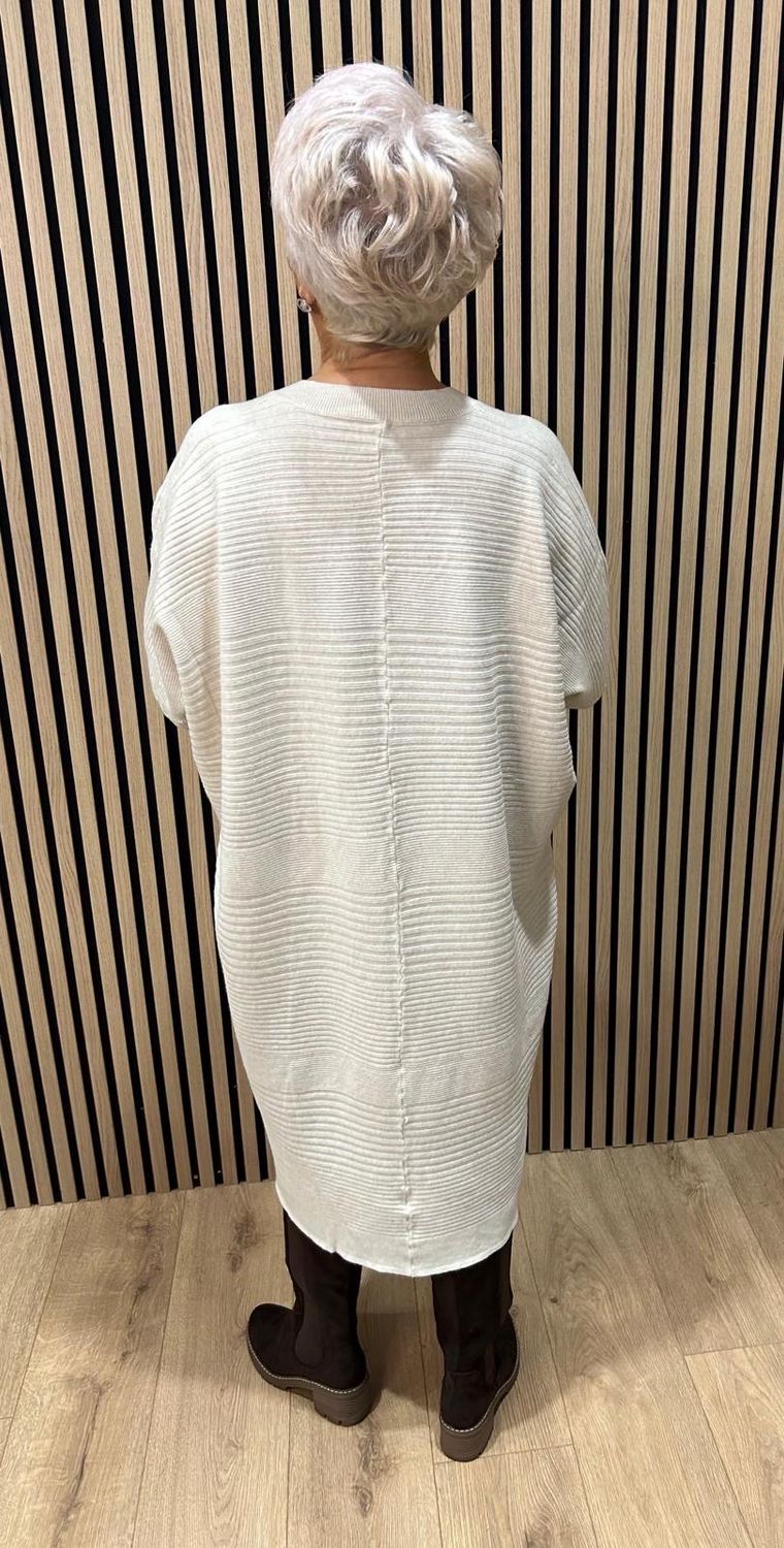 Oversized Ribbed Knit V-Neck Dress - Cream