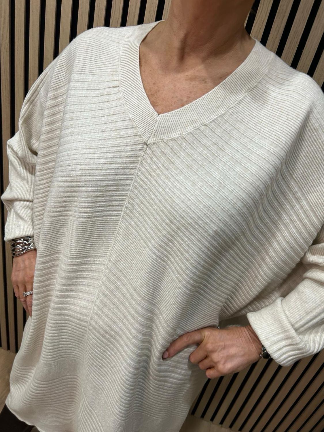 Oversized Ribbed Knit V-Neck Dress - Cream