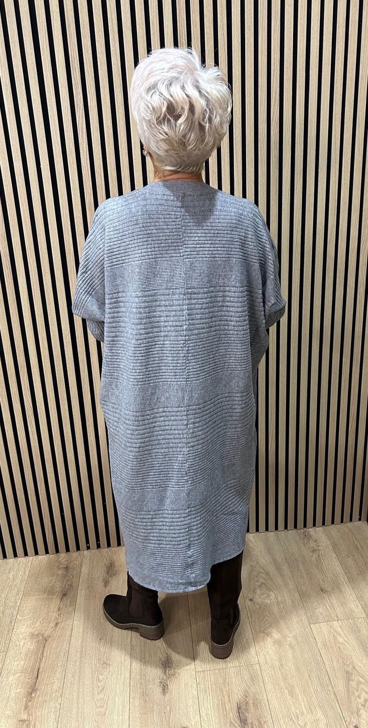 Oversized Ribbed Knit V-Neck Dress - Grey
