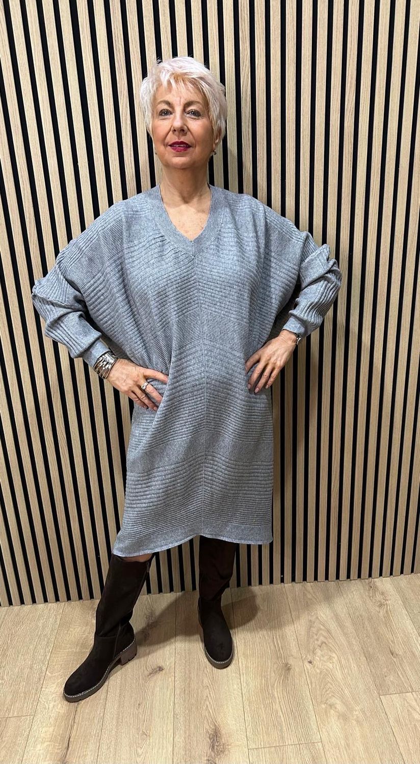 Oversized Ribbed Knit V-Neck Dress - Grey