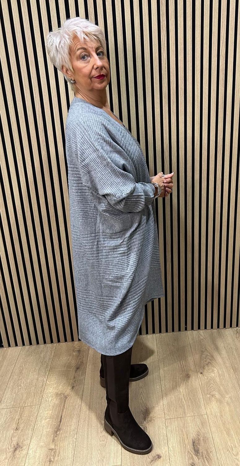 Oversized Ribbed Knit V-Neck Dress - Grey
