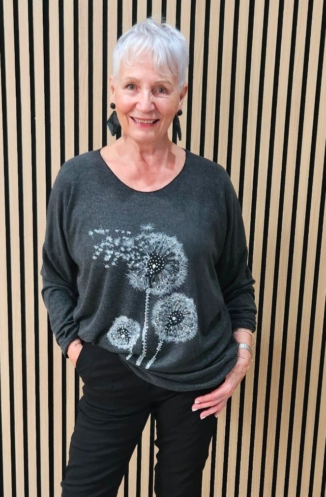 Diamanté Dandelion Soft-Knit Top – Grey