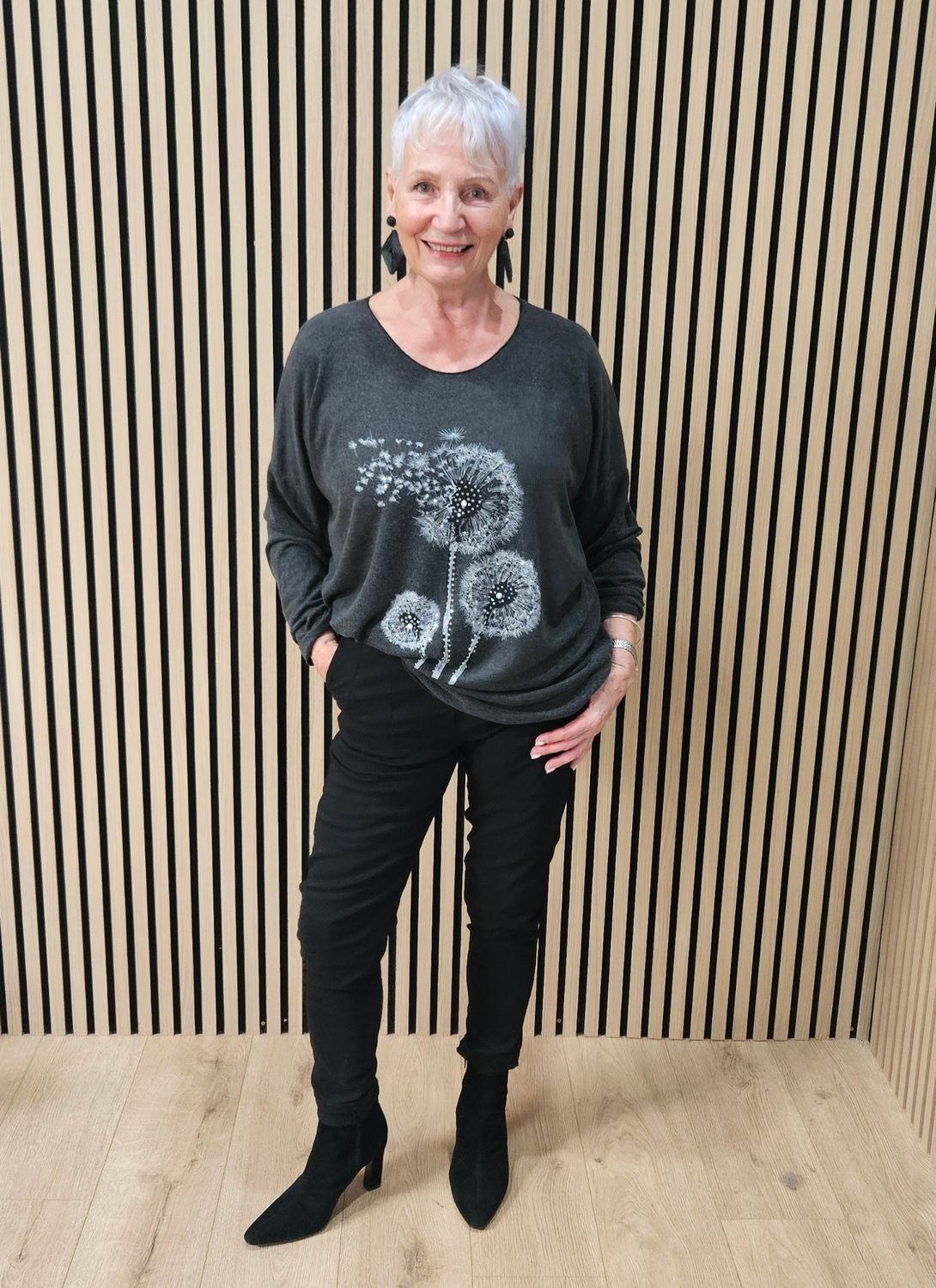 Diamanté Dandelion Soft-Knit Top – Grey