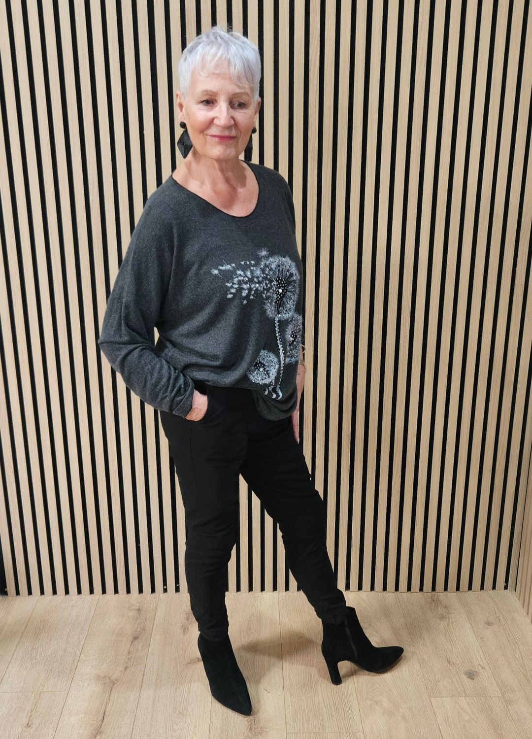 Diamanté Dandelion Soft-Knit Top – Grey