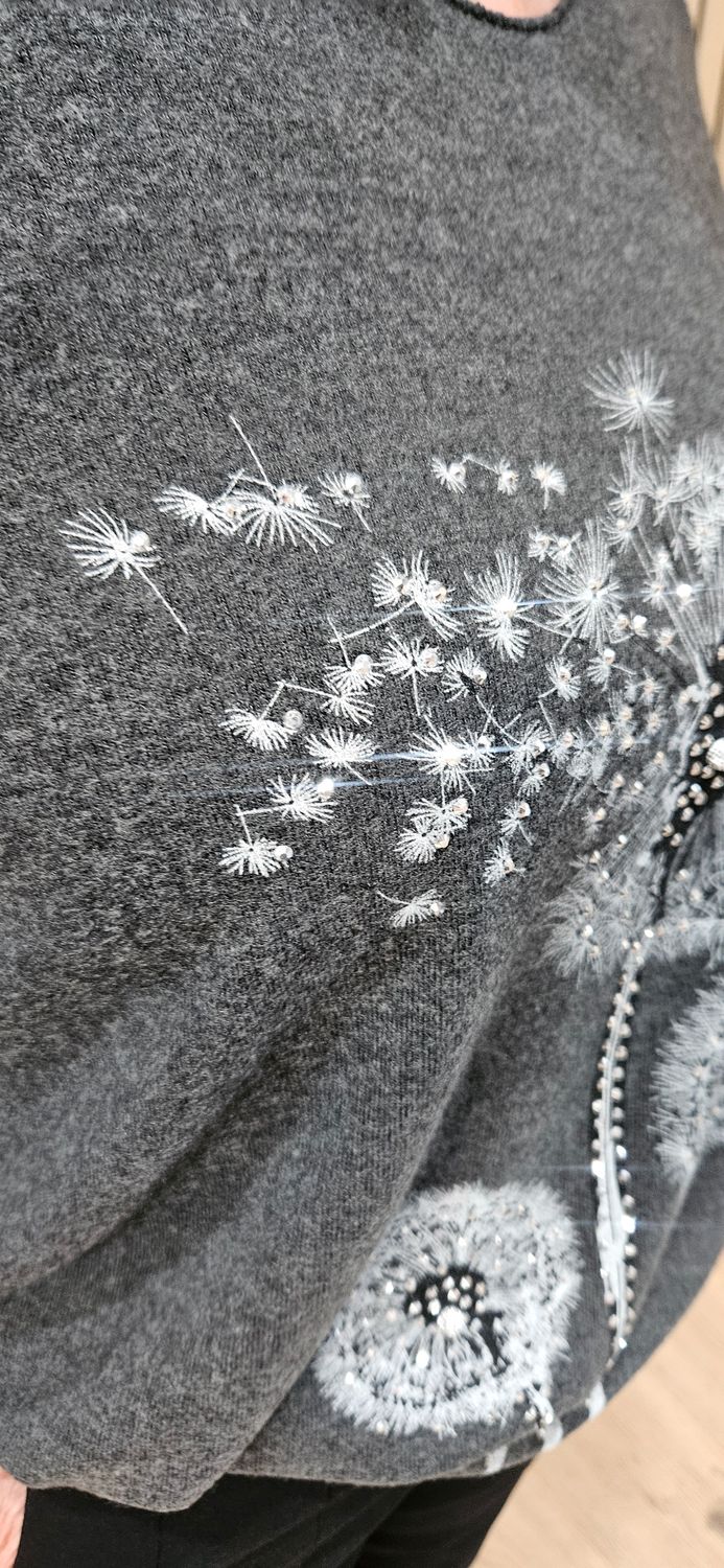 Diamanté Dandelion Soft-Knit Top – Grey