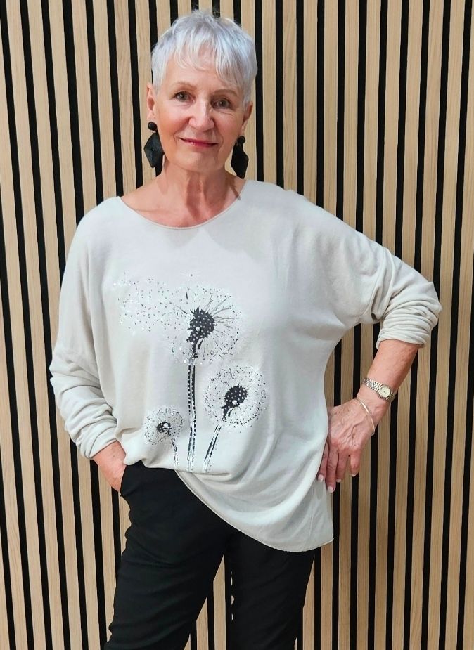 Diamanté Dandelion Soft-Knit Top – Stone