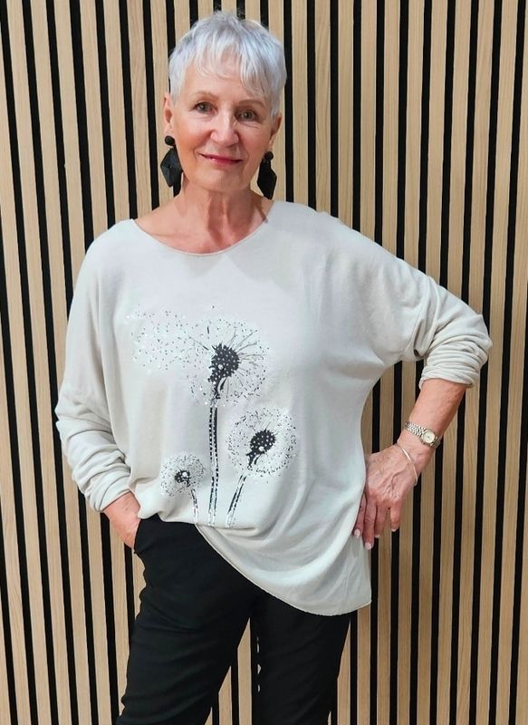 Diamanté Dandelion Soft-Knit Top – Stone
