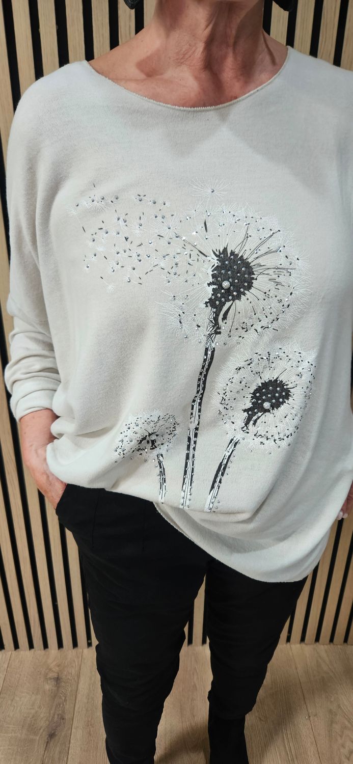 Diamanté Dandelion Soft-Knit Top – Stone