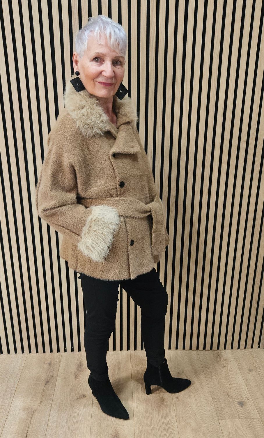 Faux-Fur Trim Belted Jacket