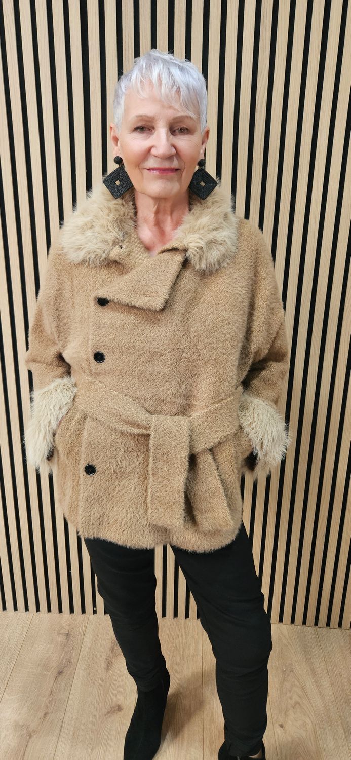 Faux-Fur Trim Belted Jacket