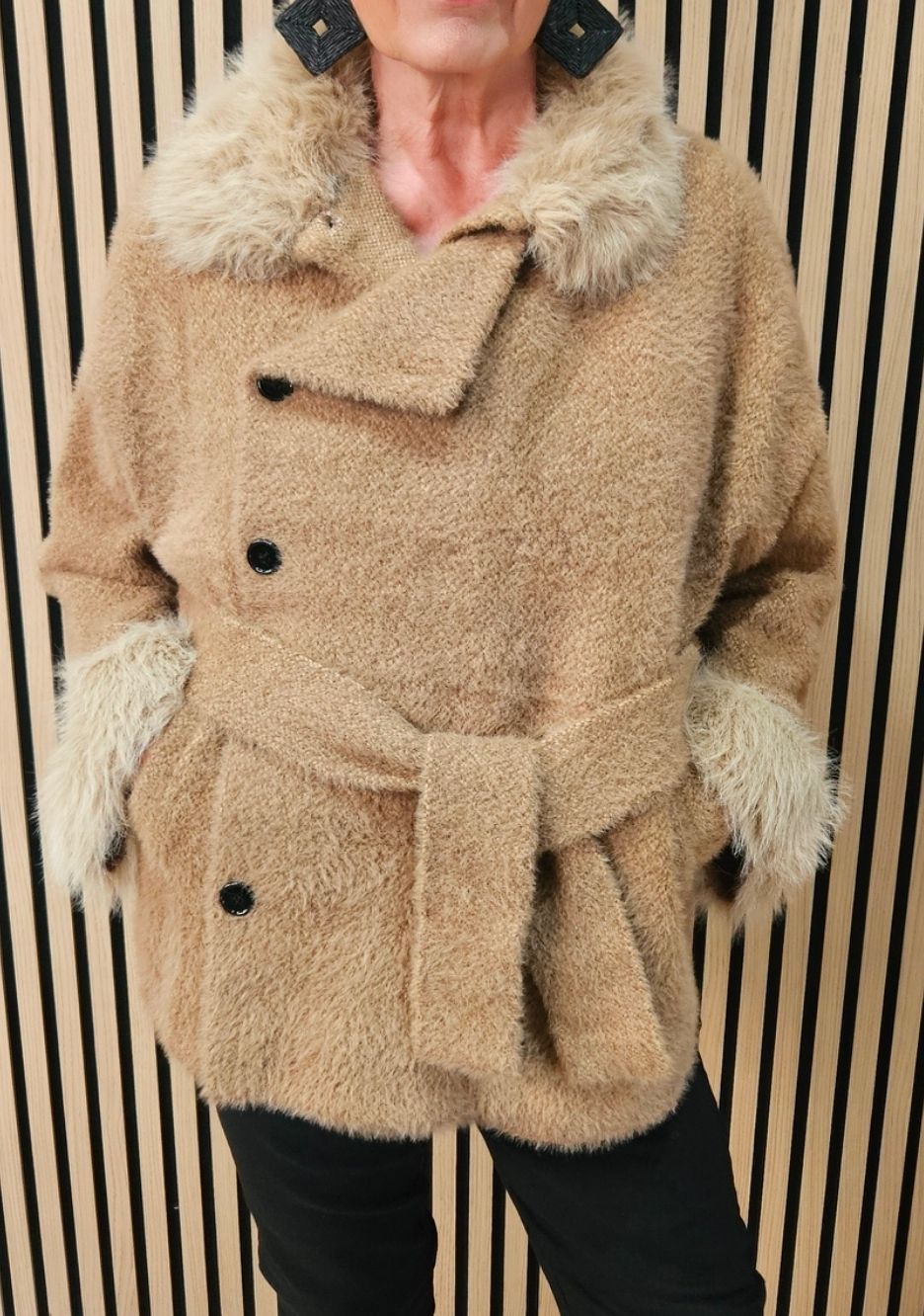 Faux-Fur Trim Belted Jacket