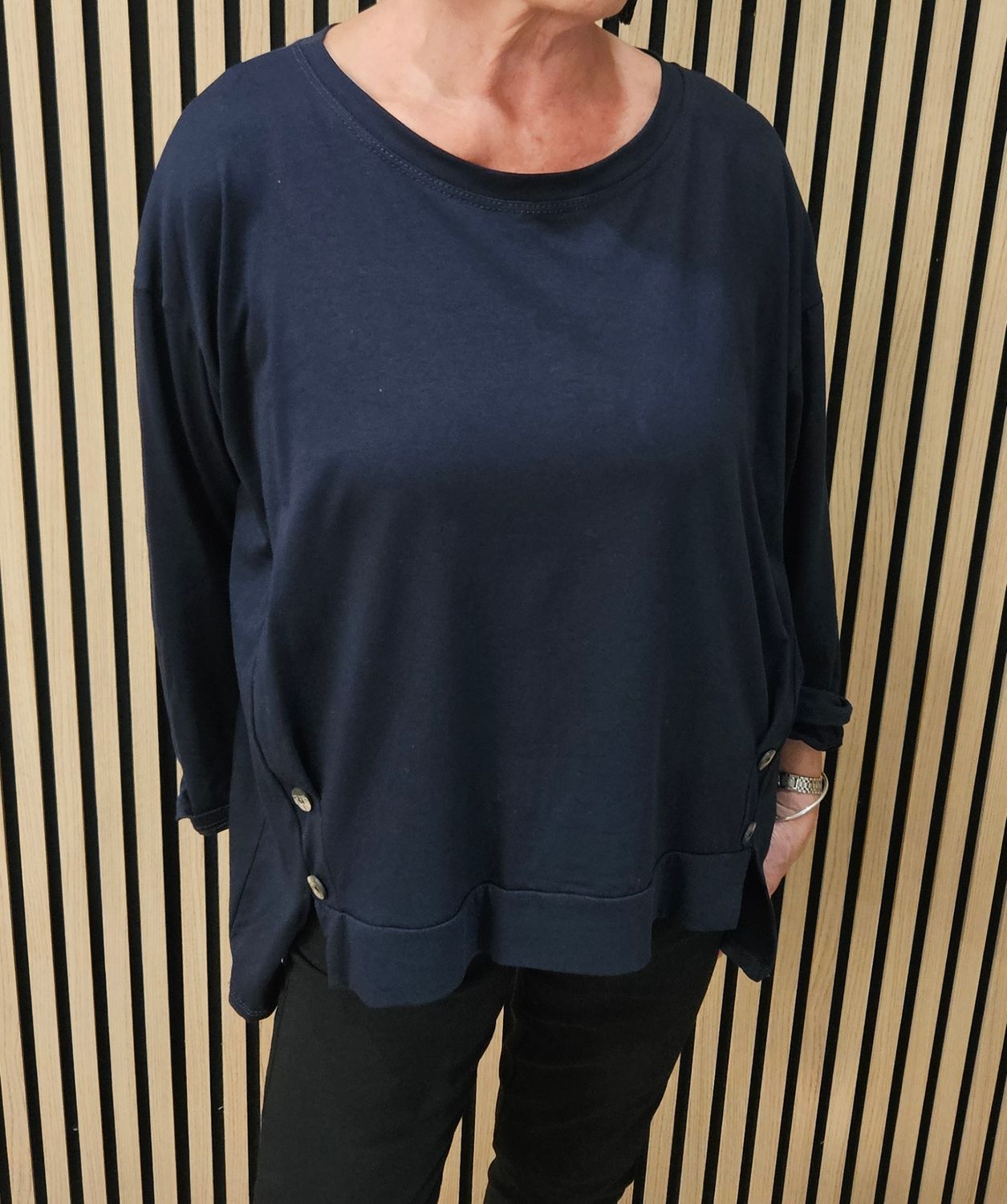 Navy Button-Detail Cotton Top